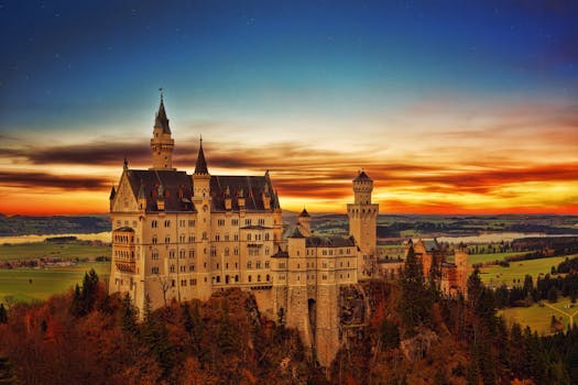 Breathtaking view of Neuschwanstein Castle in Germany during a vibrant sunset scene.
