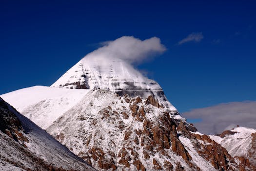 Breathtaking view of Mount Kailash in Tibet, covered in snow under a clear blue sky. Perfect for travel or nature themes.
